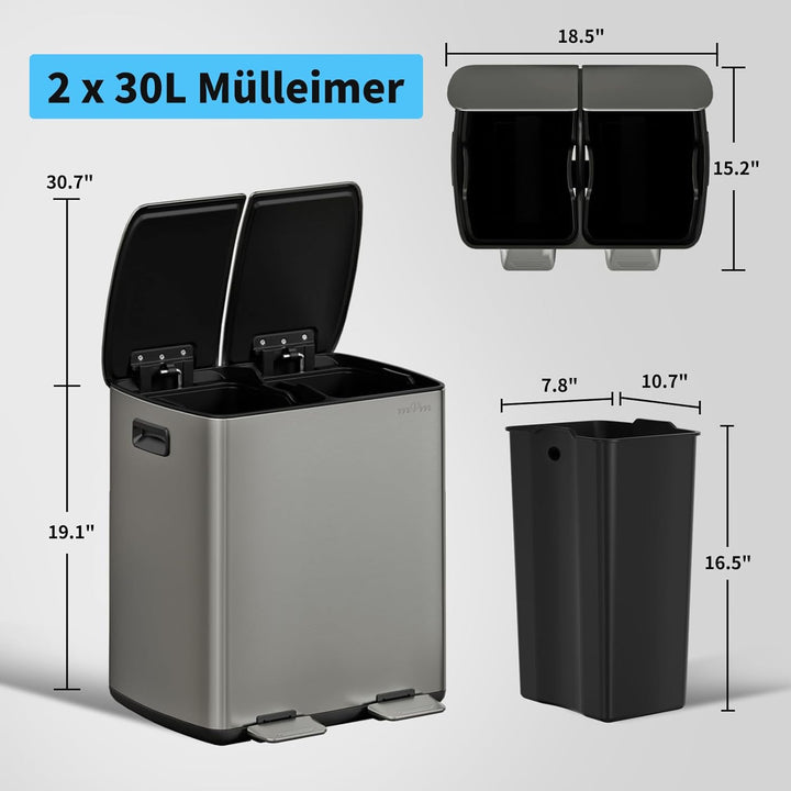 mVm Mülleimer Küche,40 Liter Treteimer,2x20L Doppelter Abfalleimer 2er-Mülleimer Mülltrennung mit In