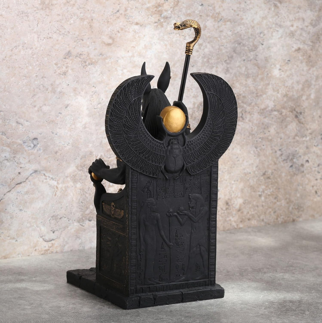 Veronese Design Skulptur Ägyptischer Gott Anubis sitzt auf Thron, Kunstharz, Schwarz / Gold lackiert
