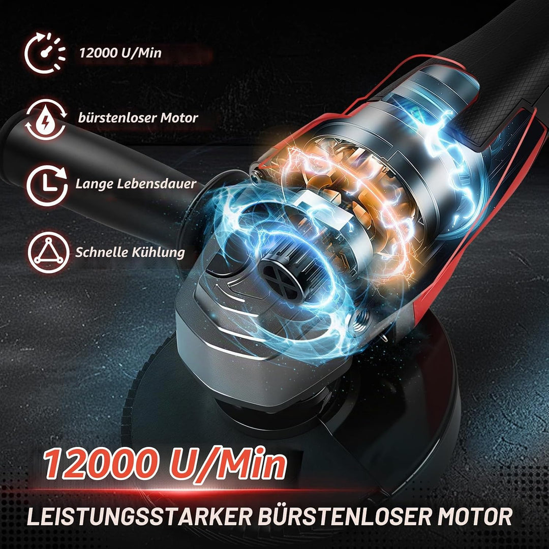 Akku Winkelschleifer für Milwaukee 18V,125mm Bürstenlos,3 Geschwindigkeiten,12000 U/min mit 4 M14 bi