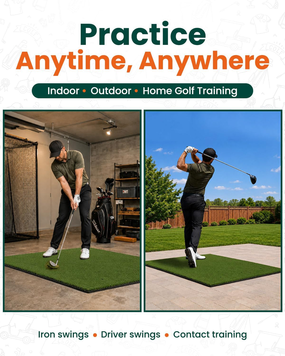 Golf-Schlagmatte für Indoor und Outdoor, Golf-Trainingsmatte mit Tragegurt, 10 PU-Golfbällen und 9 T