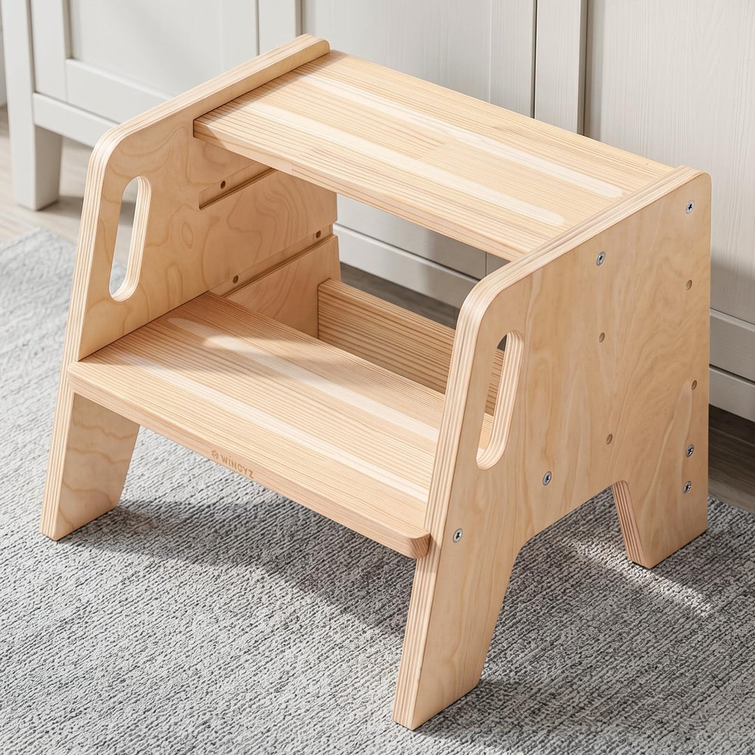 WINGYZ Tritthocker Kinder 2 Stufen aus Holz Zweistufiger Hocker mit 3 verstellbaren Höhen, 2 Griffen