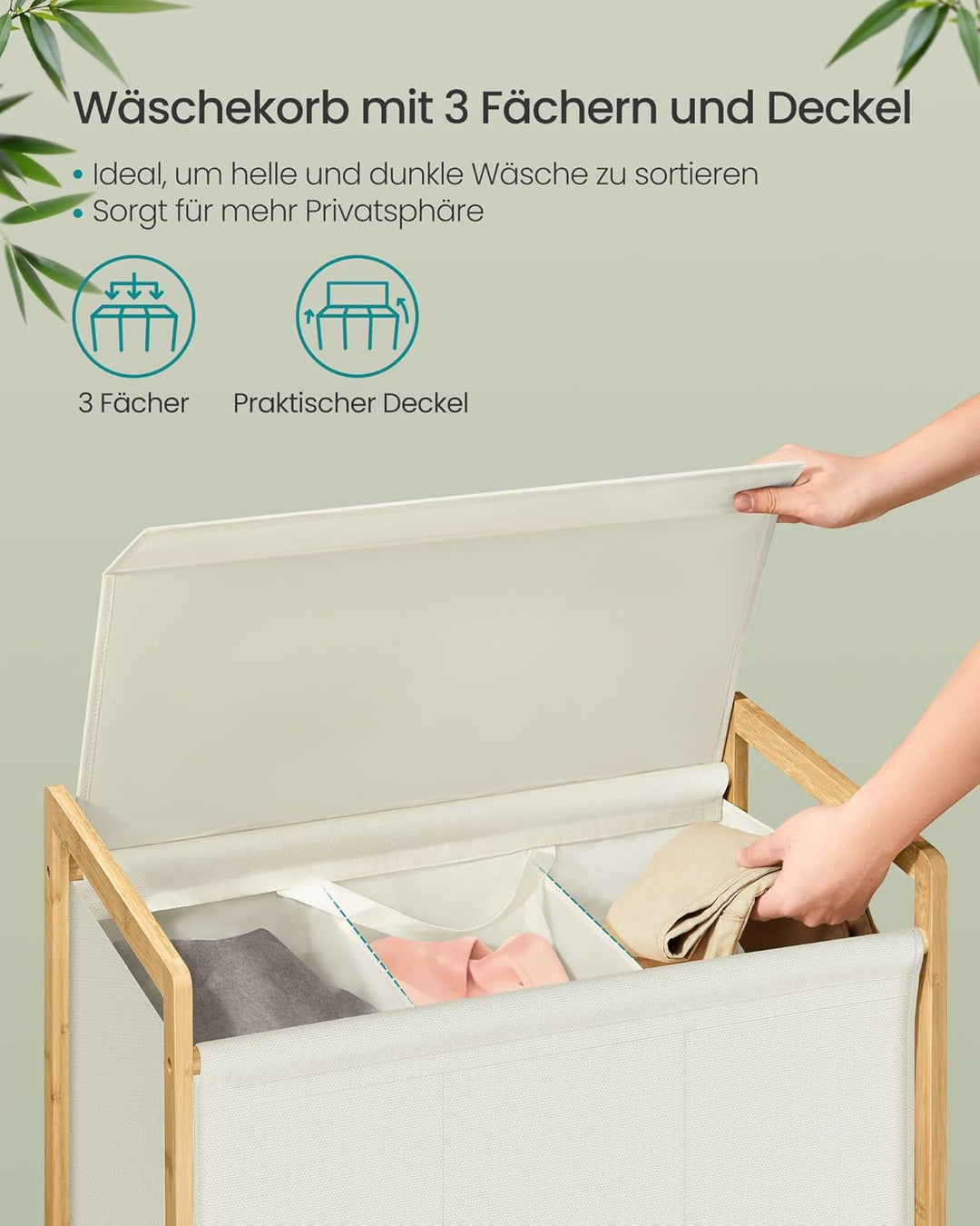 SONGMICS Wäschekorb 3 Fächer, Wäschesammler mit Bambusrahmen, verstärkter und abnehmbarer Deckel, Wä