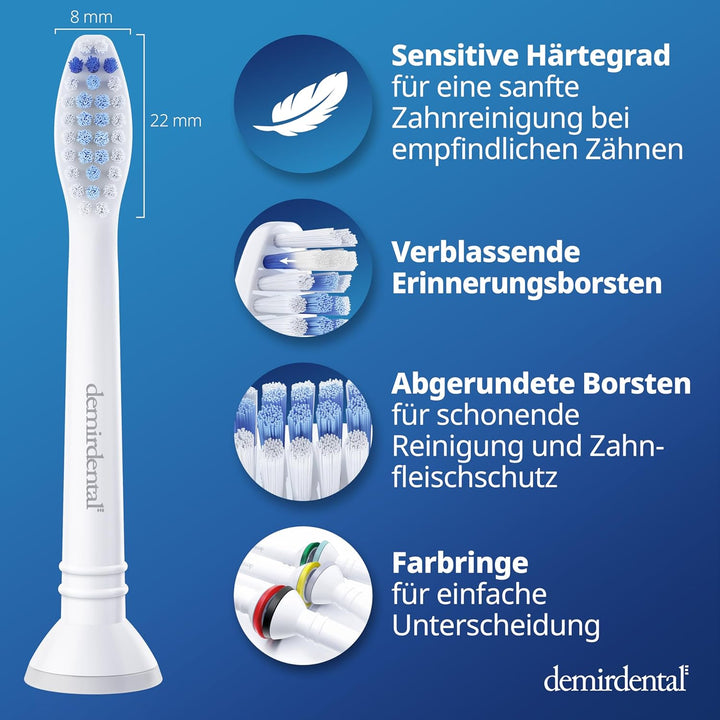 8er demirdental Sensitive Aufsätze passend für Philips Sonicare Ersatzbürsten, Weiche Bürstenköpfe f