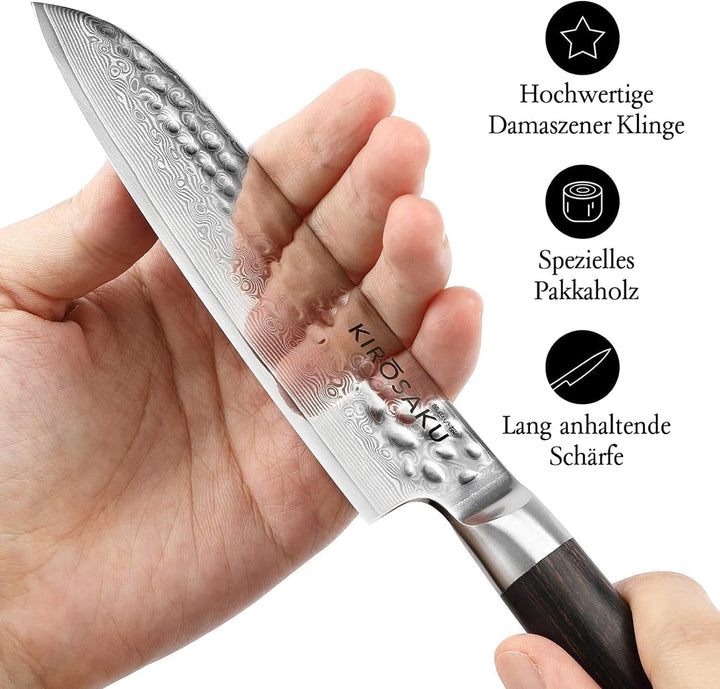 Kirosaku Santoku Damastmesser - Damaskus Messer mit echtem Pakkaholzgriff - Profimesser mit Geschenk