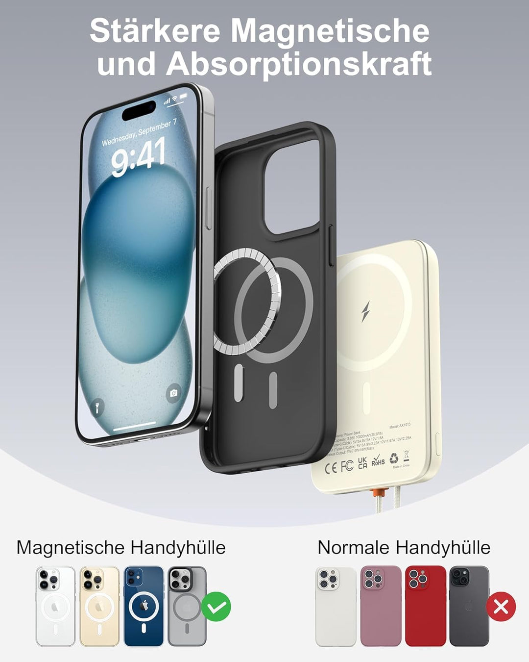AsperX Magnetische Powerbank für MagSafe,10000mAh Power Bank 22.5W PD USB-C Kabel Schnellladen,Kabel