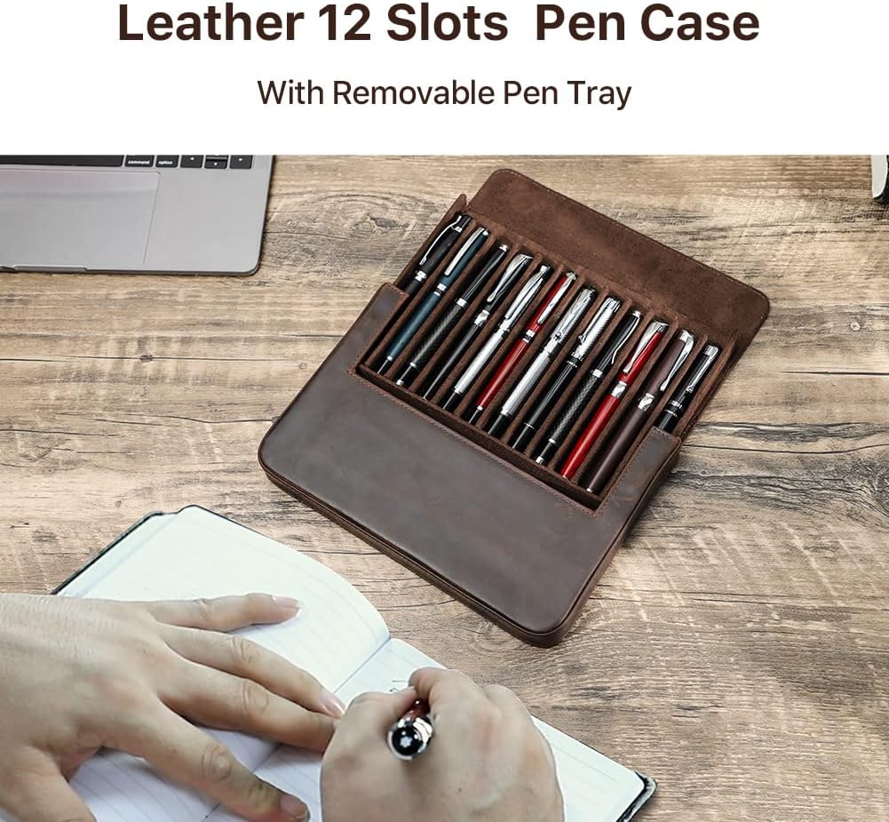 Hiram Leder-Füllfederhalter-Box für 12 Stifte, Tragbares Lederetui für Stifte mit Verstecktem Magnet
