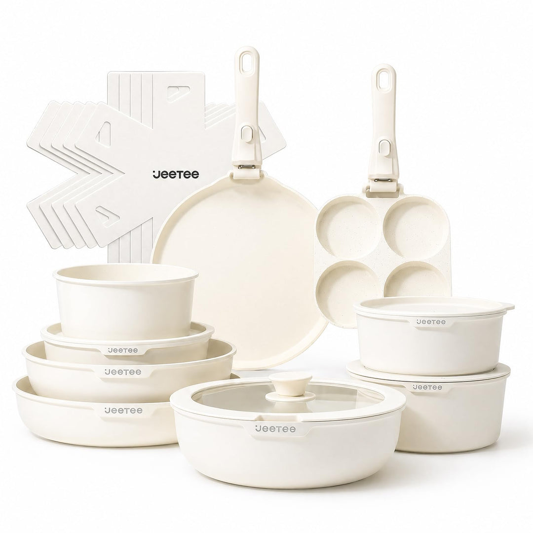 JEETEE Topfset Pfannenset mit abnehmbarem Griff 20-Teilig, Antihaft Topfset Induktion mit Lid, Stape