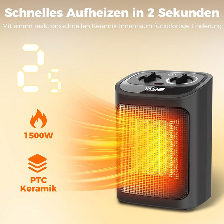 YASHE Elektroheizkörper 1500W, PTC Keramik Heizlüfter mit Thermostat, 2 Heizstufen + Ventilatormodus