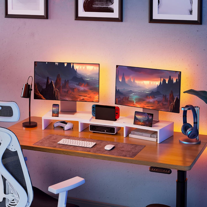 FITUEYES Dual Monitor Ständer Holz Farbe Holz drehbar Länge Verstellbar mit Halteschlitz für Smartph