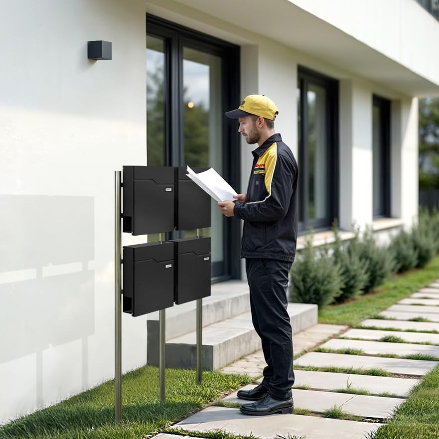 Metzler Standbriefkasten für 4 Parteien in RAL 9005 Tiefschwarz – Briefkasten freistehend 4er für Me