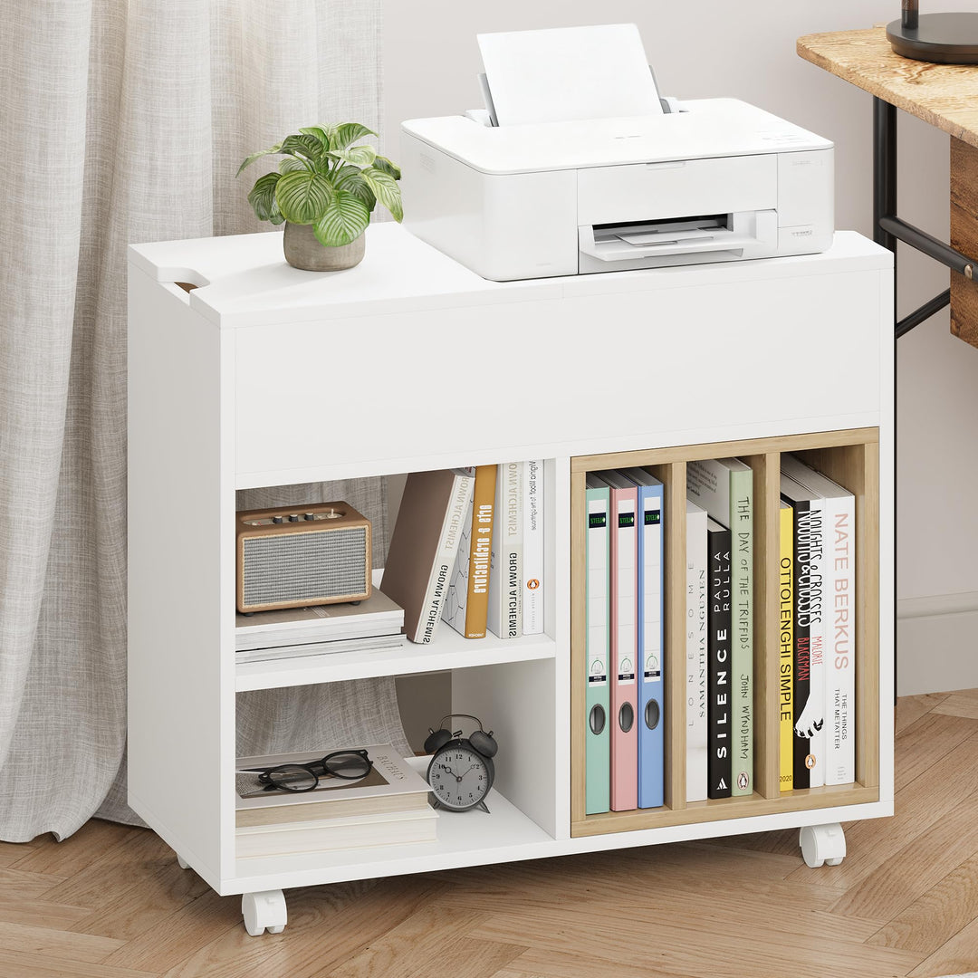 Rollcontainer,Mobiler Aktenschrank mit 4 Rollen,Büroschrank mit Abnehmbarer Bücherablage,2 Klappdeck