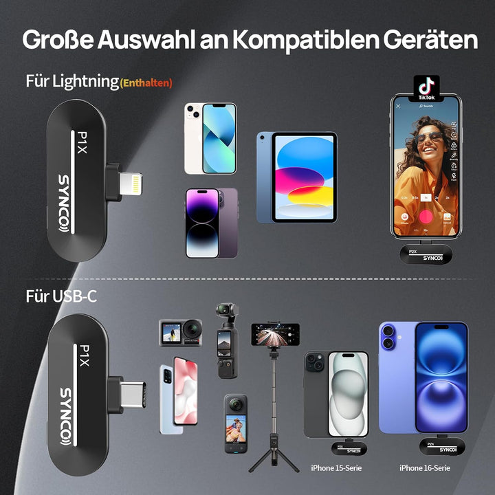 SYNCO Lavalier Mikrofon Wireless für iPhone, P2XL Mini Mikrofone Lightning für Tiktok, YouTube, Stre