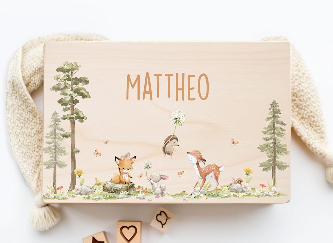 Little Deco Personalisierte Baby-Erinnerungskiste aus Holz | L - 40 x 30 x 22 cm | mit Waldtiere Ges