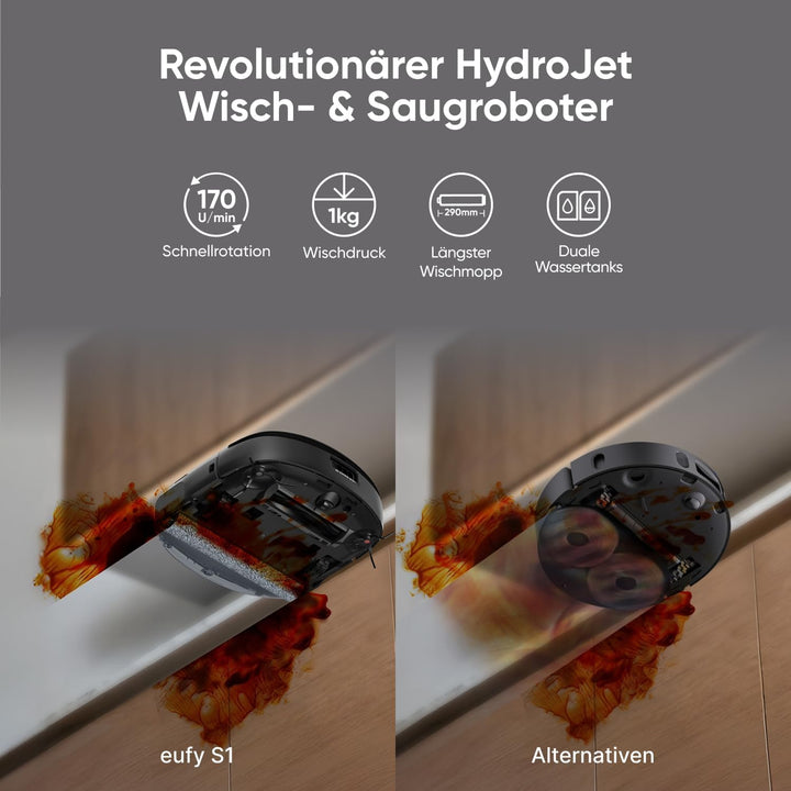 eufy S1 HydroJet Saugroboter mit Wischfunktion, All-in-One-Station, Revolutionäres Reinigungssystem,