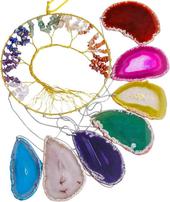 KYEYGWO 7 Chakra Stein Baum des Lebens Hängen Deko, Heilung Kristall Wand Hängende Ornament Achat Sc