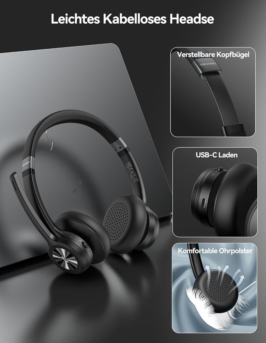 TECKNET V5.2 Bluetooth Headset mit Mikrofon & USB Dongle Wireless Headset mit Noise Cancelling und S