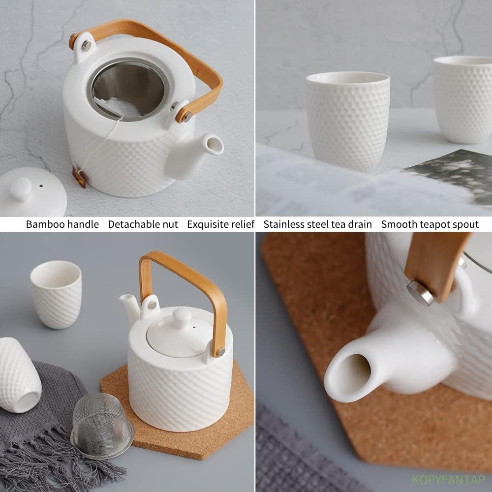 Teekanne Keramik Weiss, Japanisches Tee Set Vintage, Porzellan Teeservice mit Sieb 900ml mit 4 Teeta