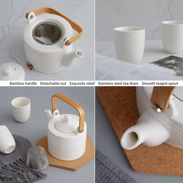 Teekanne Keramik Weiss, Japanisches Tee Set Vintage, Porzellan Teeservice mit Sieb 900ml mit 4 Teeta