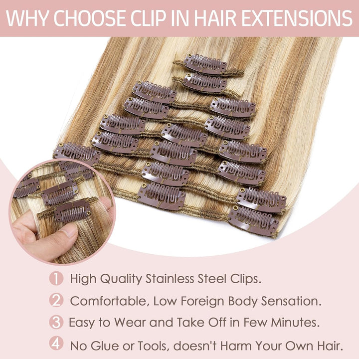 Silk-co Echthaar Clip In Extensions 8 Tressen 18 Clips 60g, Blonde Highlighted Hair Extensions, Remy