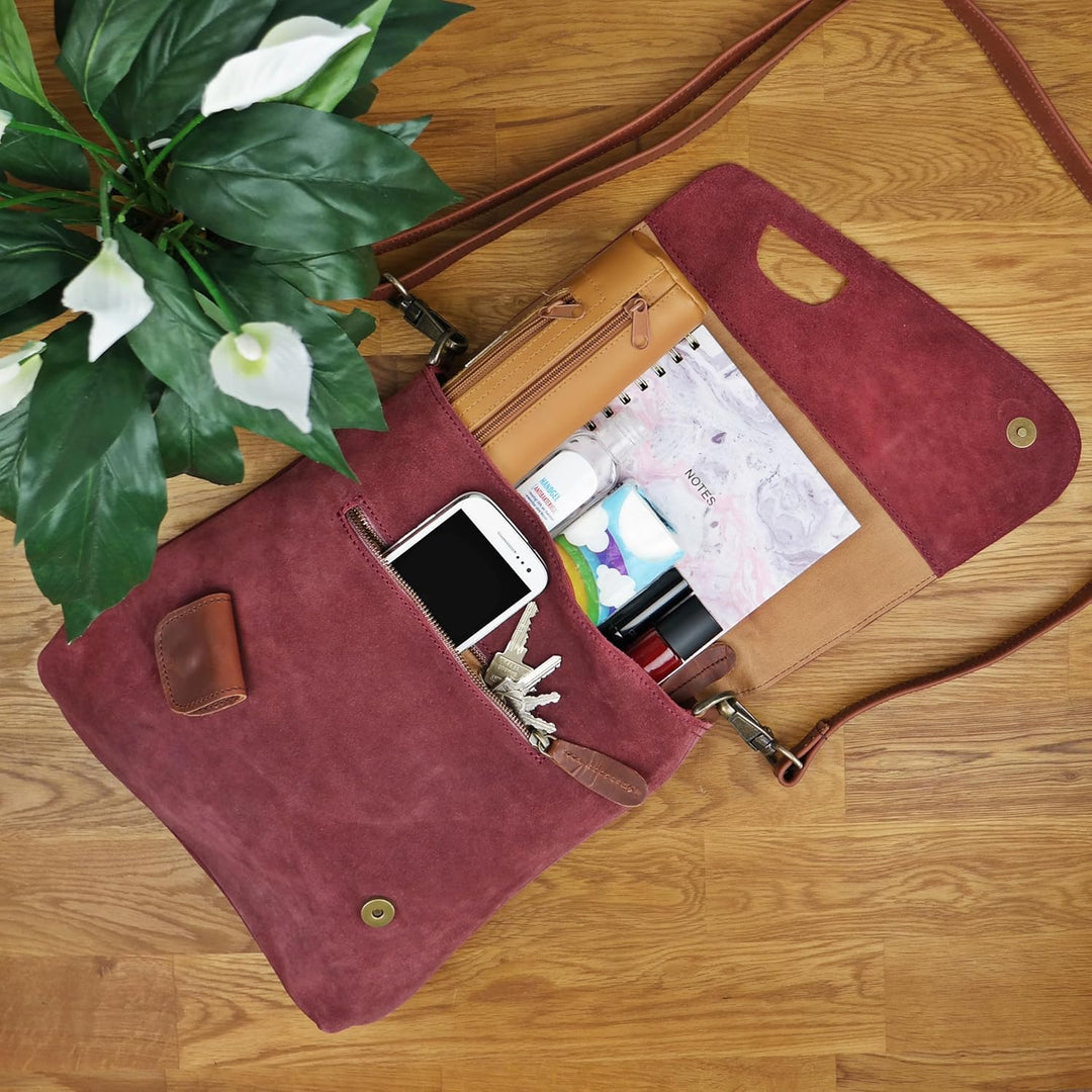 LECONI Umhängetasche für Damen Crossbag Veloursleder Echtleder Natur Damentasche Schultertasche Lede
