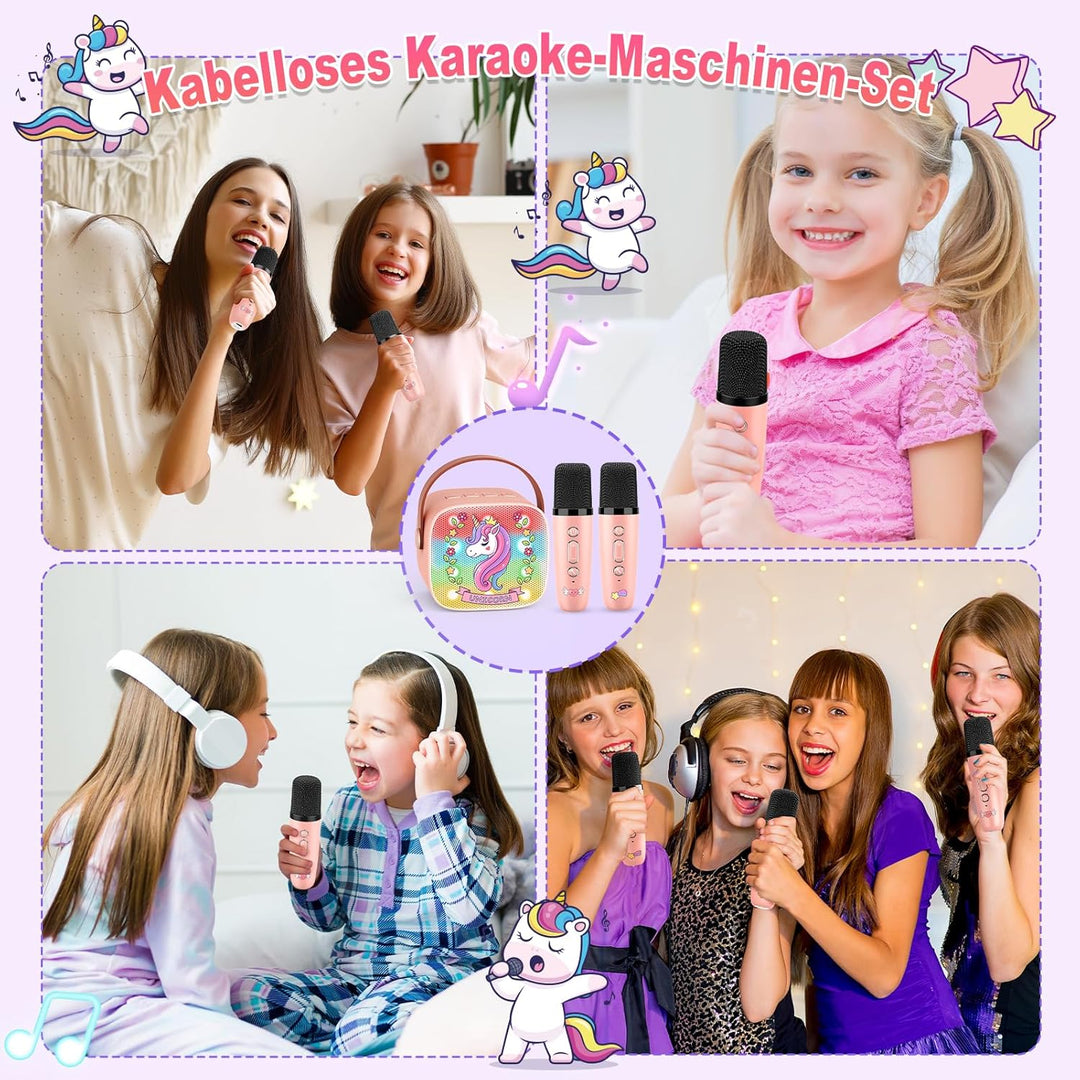 Dislocati Karaoke Maschine mit 2 Bluetooth Mikrofon Kinder, Einhorn Geschenk für Mädchen 3-12 Jahre