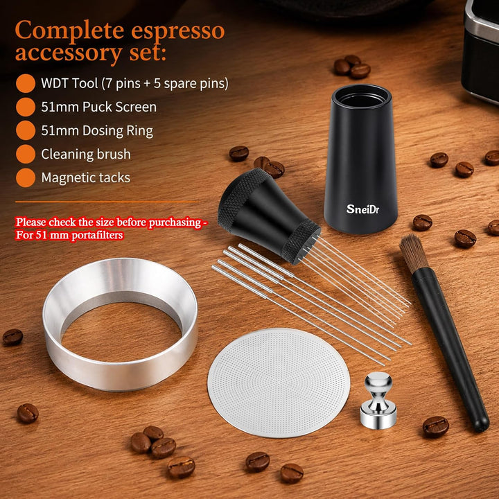 WDT Tool Espresso 51mm Siebträger Zubehör Set Espresso Nadel mit 7 Feinen Nadeln 5 Ersatznadeln Magn