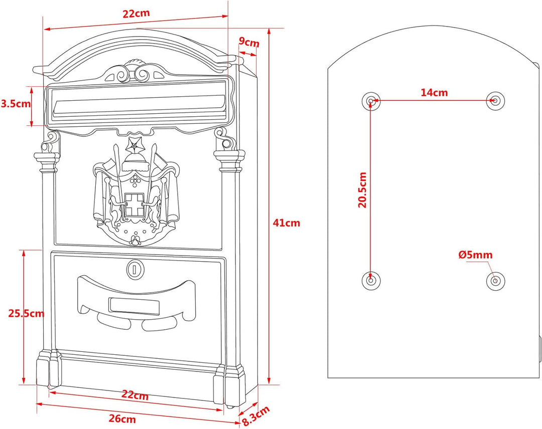 Wiltec Briefkasten Antik Design weiss 260 x 90 x 400 mm, Wandbriefkasten mit Schloss, Namensschild u
