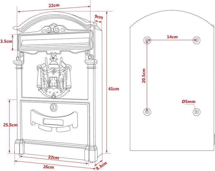 Wiltec Briefkasten Antik Design weiss 260 x 90 x 400 mm, Wandbriefkasten mit Schloss, Namensschild u