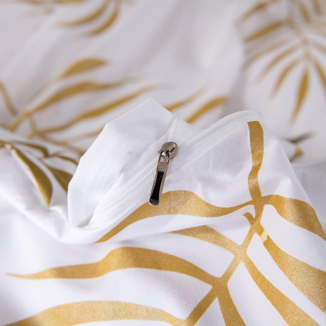 Damier Bettwäsche 220x240cm Gold Weiss Blätter Muster Bettbezug Set 3 Teilig Weiche Microfaser Bettd
