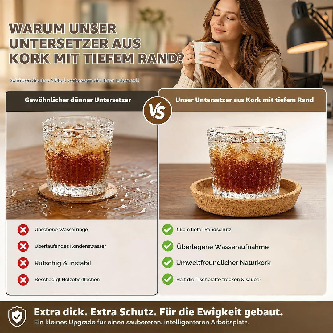 Korkuntersetzer Rund mit Rand 20 Stück, Saugfähig für Tassen &amp; Gläser | Hitzebeständig, 10,2 cm Durc