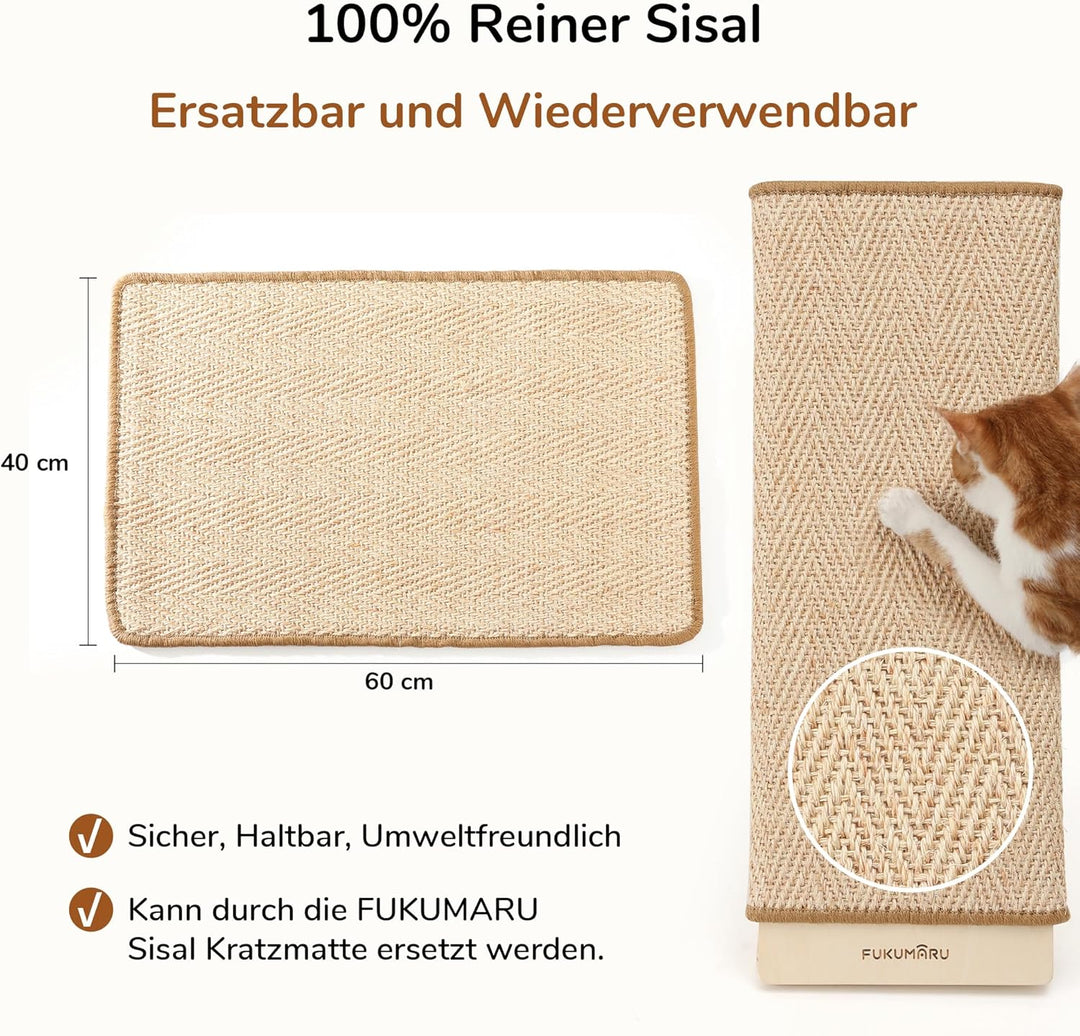 FUKUMARU Kratzbrett Katzen, 65 cm Natürliche Sisal-Kratzsäule mit Rampe, Austauschbare Kratzmatte, R