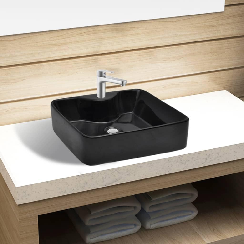 vidaXL Waschbecken mit Hahnloch Keramik Schwarz Waschtisch Aufsatzwaschbecken, Schwarz