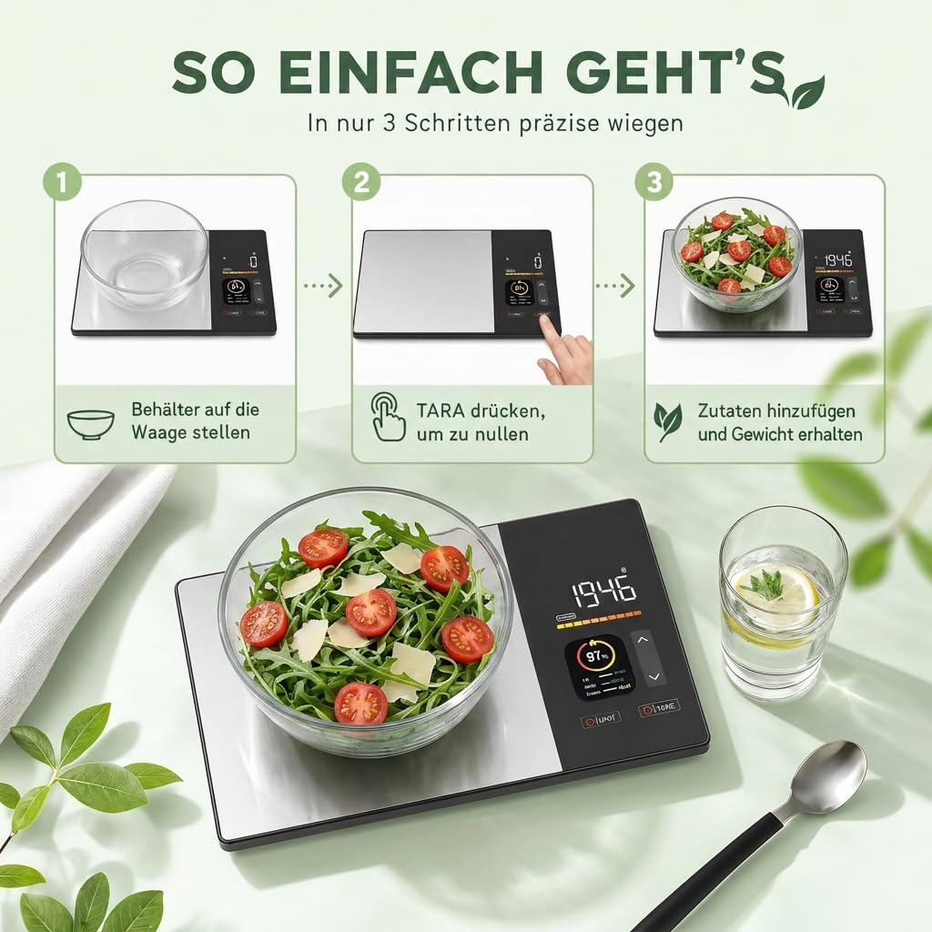 Küchenwaage digital mit Kalorienzähler & Nährwertberechnung | Smart Waage mit Bluetooth, App & TFT D
