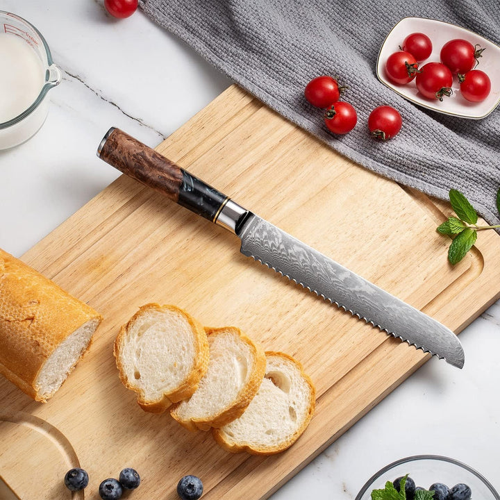Tsume Brotmesser Onyx, Klingenlänge 19cm, Echtes Damast Küchenmesser, 67 Schichten VG10 Edelstahlker