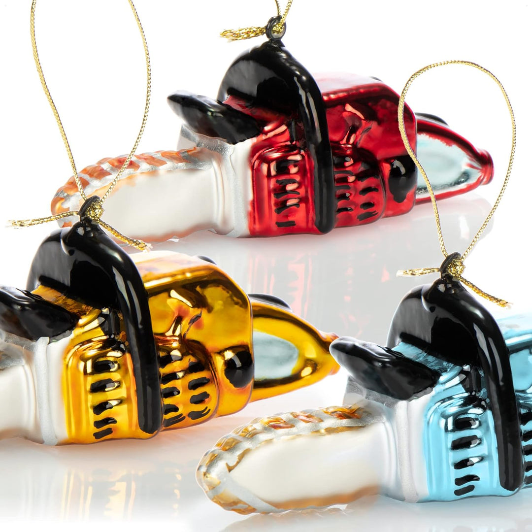 com-four® 3X Premium Christbaumschmuck - Deko-Kettensäge aus echtem Glas - besondere Baumkugeln als