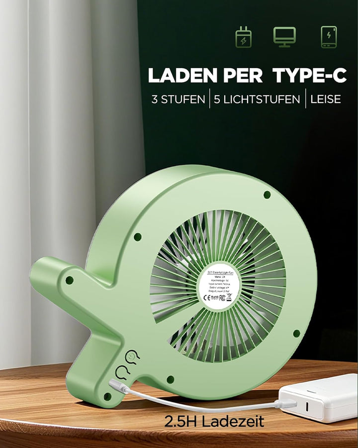 Tischventilator 2-in-1 Mit Rgb-licht Und Wiederaufladbarem 2000mAh Akku, USB-C, 3 Windgeschwindigkei