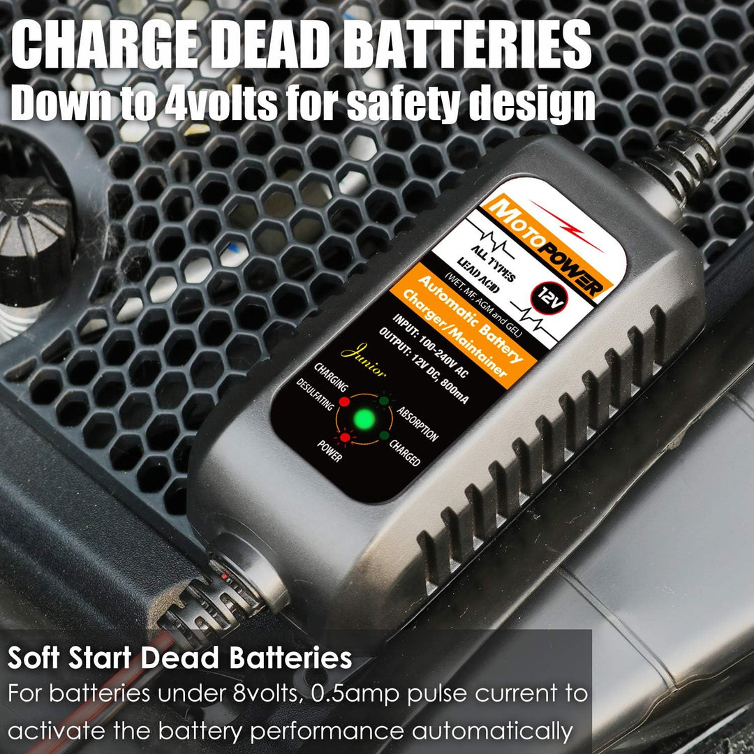 MOTOPOWER MP00205A 12V 800mA Fully Automatic Battery Charger/Maintainer for Cars, Motorcycles, ATVs,
