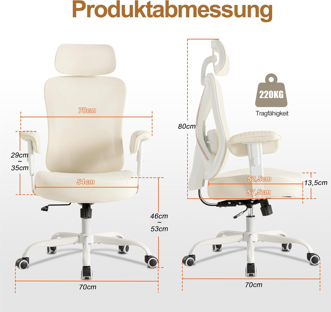 UEV Bürostuhl Ergonomisch bis 220KG Gaming Stuhl Wippfunktion beige | Schreibtischstuhl mit Armlehne