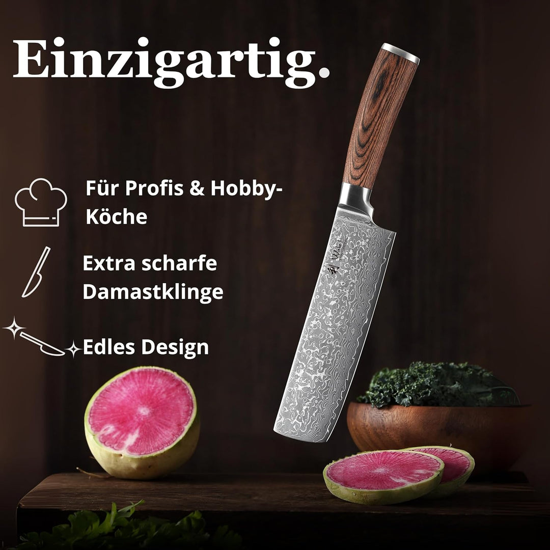 Wakoli EDIB Sakura Nakiri Messer mit 18 cm Klinge aus 67 Lagen Damaststahl mit VG10 Kern, Pakkaholzg