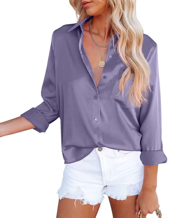 Damen Bluse Elegant V-Ausschnitt Satin Langarm Casual Oberteile Locker Hemd Einfarbig Lose Langarmsh