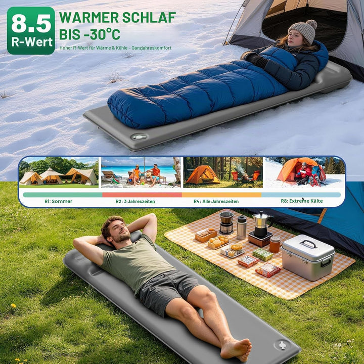 WARMTUYO Camping Isomatte, R-Wert 8,5, Extra Warme Schaumstoff-Schlafmatte mit Integriertem Kissen,