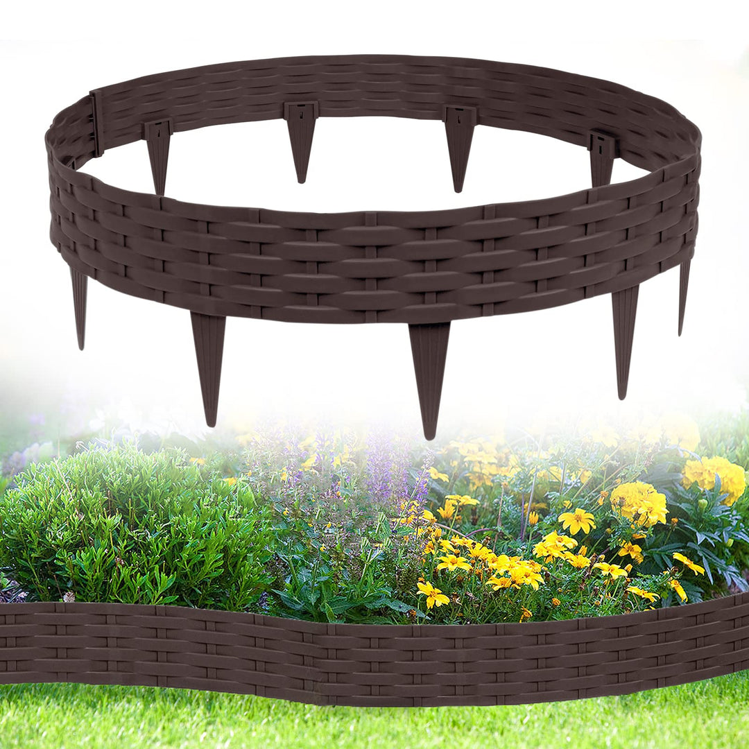 Aufun 10m Rattan Rasenkante Beeteinfassung Kunststoff mit 10 Elemente á 100 cm, Rattan-Optik Design