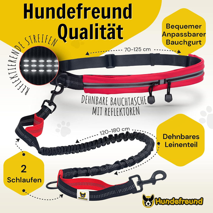 Hundefreund Joggingleine mit Bauchgurt Rot | Laufleine Elastisch Ruckdämpfend Reflektierend für mitt