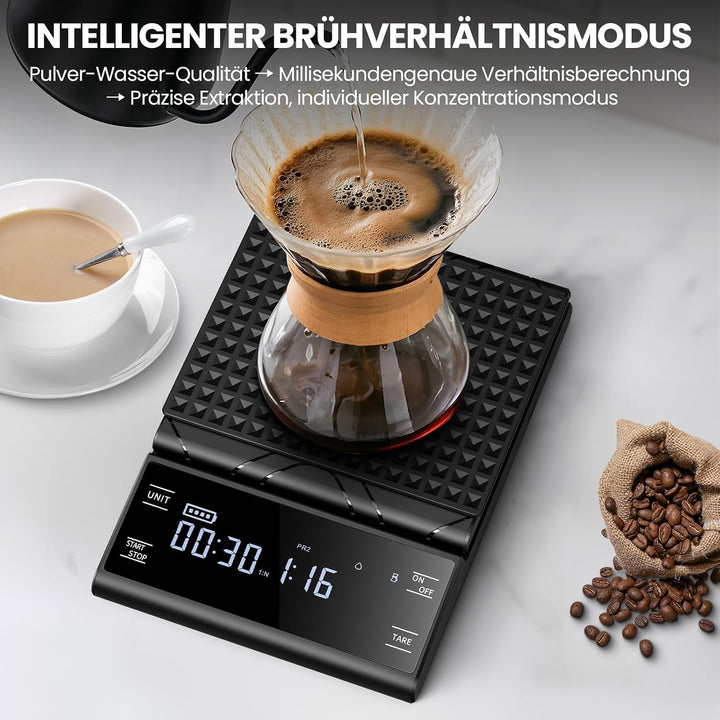Digital Kaffeewaage mit Timer, 0,1g Hochpräzise Wiederaufladbare Espressowaage mit 4 Modi und Automa