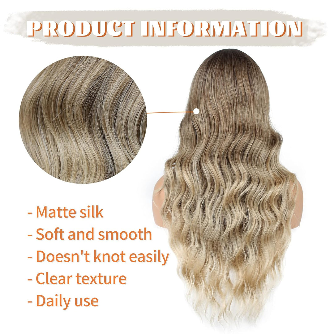 FAELBATY Perücke mit langen Locken blonde Perücke mit Pony Ombre dunkelbraun bis blonde Perücke für
