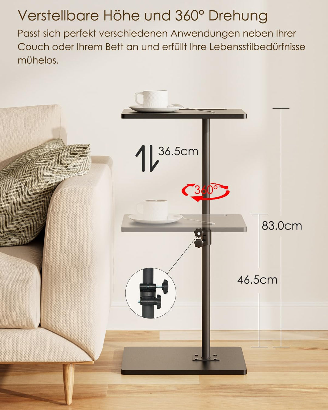 Beistelltisch, C-Form Höhenverstellbar Sofatisch, 360°Rotierend Couchtisch Klein,40x30x(45-81) cm,Ho