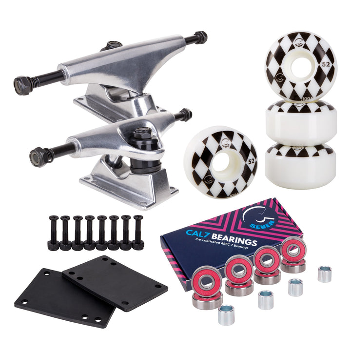 Cal 7 129mm Trucks with Wheels, Bearings, Hardware Silberner LKW + weisse Speedway-Räder, Silberner
