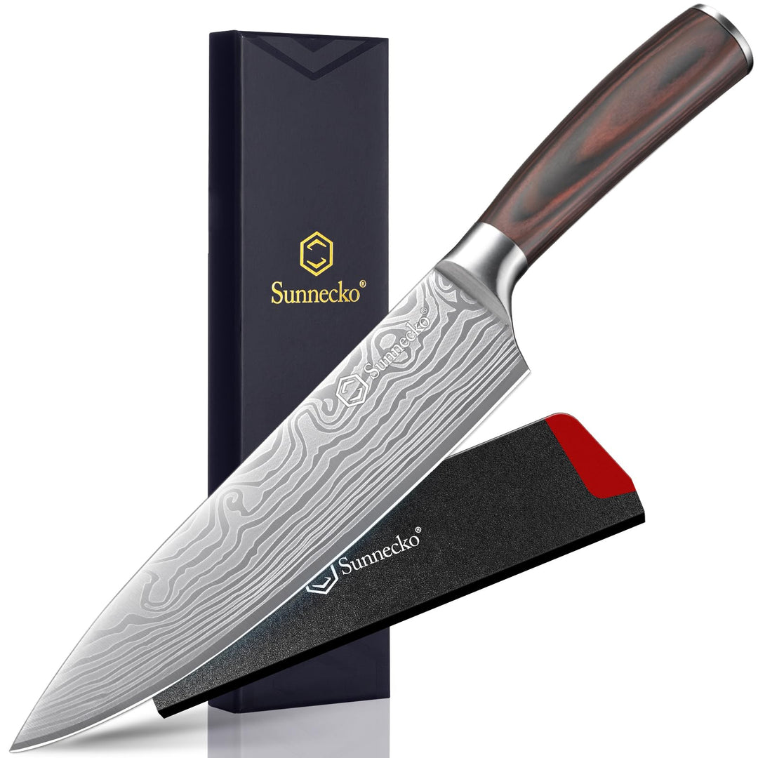 Sunnecko 20cm Kochmesser Deutschem Edelstahl Küchenmesser mit Pakkaholz Griff Allzweckmesser Küche S