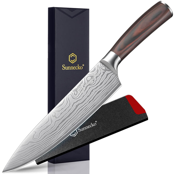 Sunnecko 20cm Kochmesser Deutschem Edelstahl Küchenmesser mit Pakkaholz Griff Allzweckmesser Küche S
