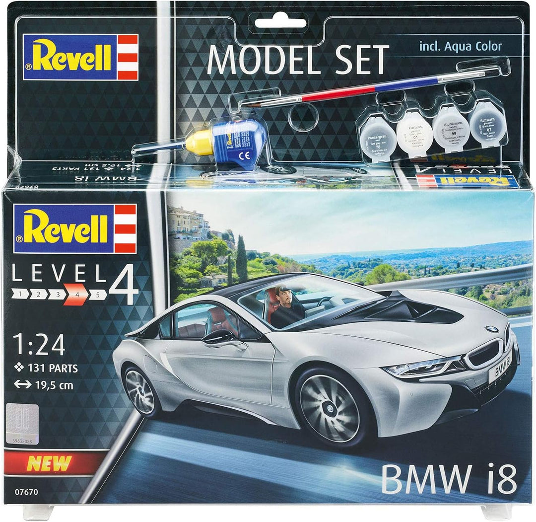 Revell 67670 Model Set BMW i8 originalgetreuer Modellbausatz für Fortgeschrittene, mit Basis-Zubehör